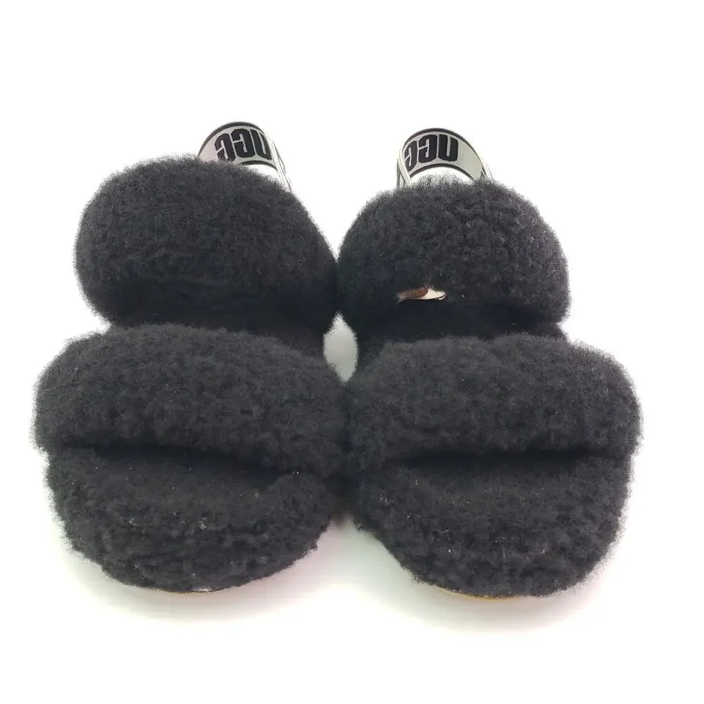 UGG Oh Yeah Girls Size 1Y Black Slip On Fluffy Soft Slipper Sandals 1115752K